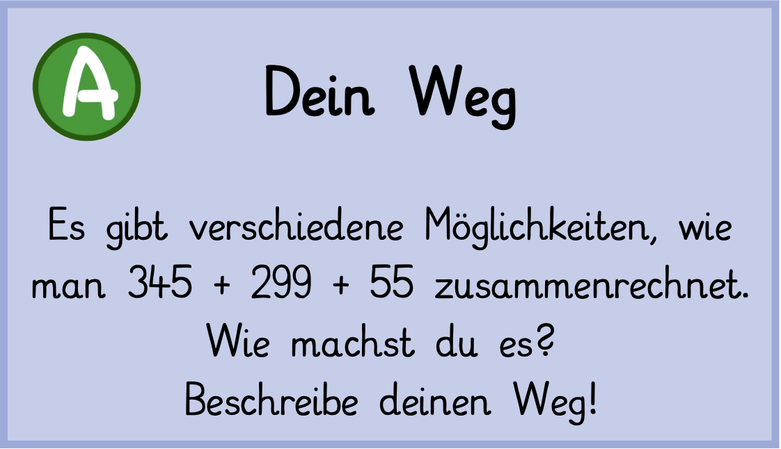 Es gibt verschiedene Möglichkeiten, wie man 345 + 299 + 55 zusammenrechnet. Wie machst du es? Beschreibe deinen Weg!